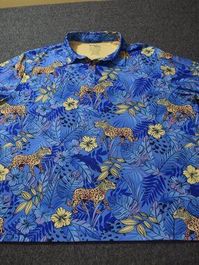Birdie Bound Mens Jungle Leopard Azure Blue Printed Golf Polo Shirt SZ 3XL NWT